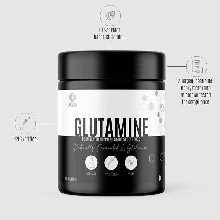 ATP Science L-Glutamine 1kg is a naturally fermented, Non-GMO, and vegan-friendly glutamine supplement. HPLC verified, allergen-tested, and microbe-tested to ensure compliance. Ideal for post-workout recovery support