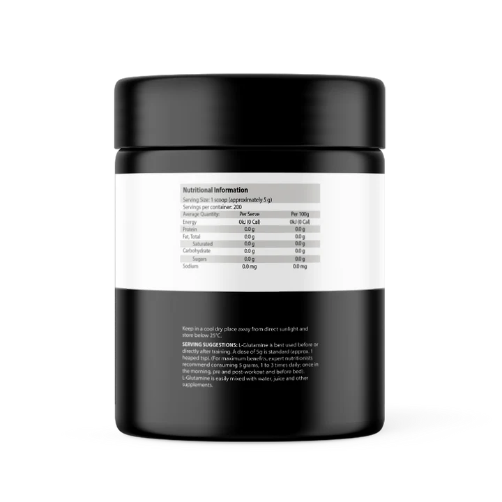 Nutritional information label for ATP Science L-Glutamine 1kg. Serving size: 5g. Zero calories, fat, carbohydrates, or sugars per serve.