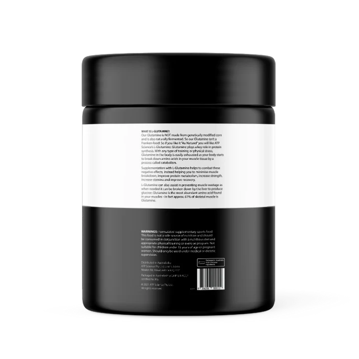 Back label of ATP Science L-Glutamine detailing product information, usage instructions, and ingredients for the glutamine supplement