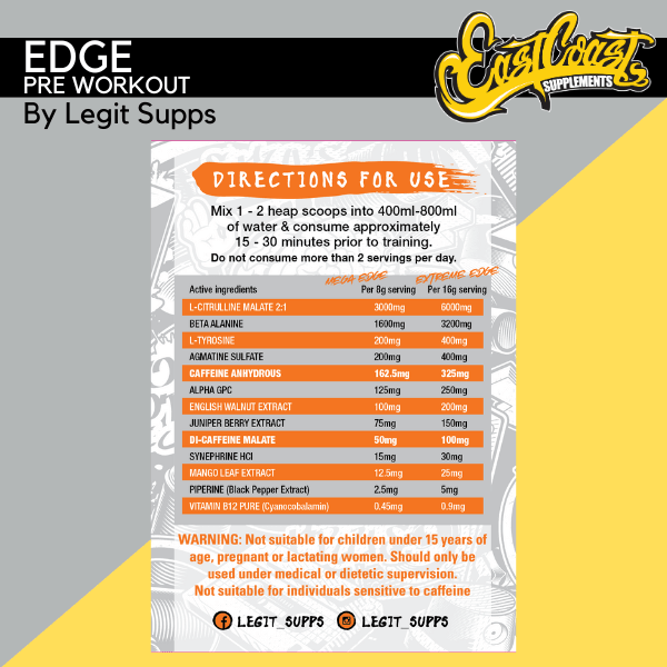 Ingredient Panel for Edge Pre Workout – L-Citrulline, Beta Alanine, Caffeine