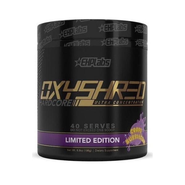OxyShred Hardcore Limited Edition tub in Grape Bubblegum flavour by EHPlabs, featuring 40 serves of ultra-concentrated thermogenic formula.