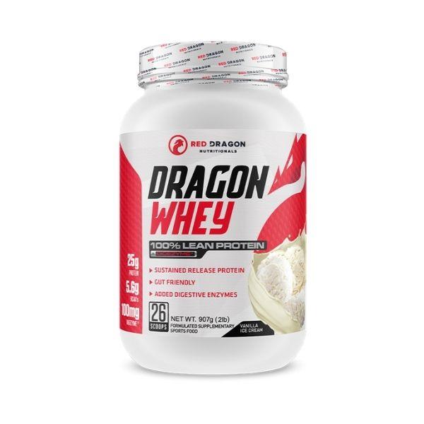 Dragon Whey 100% Lean Protein - Vanilla Ice Cream flavor by Red Dragon Nutritionals, 25g protein powder with digestive enzymes and gut-friendly ingredients