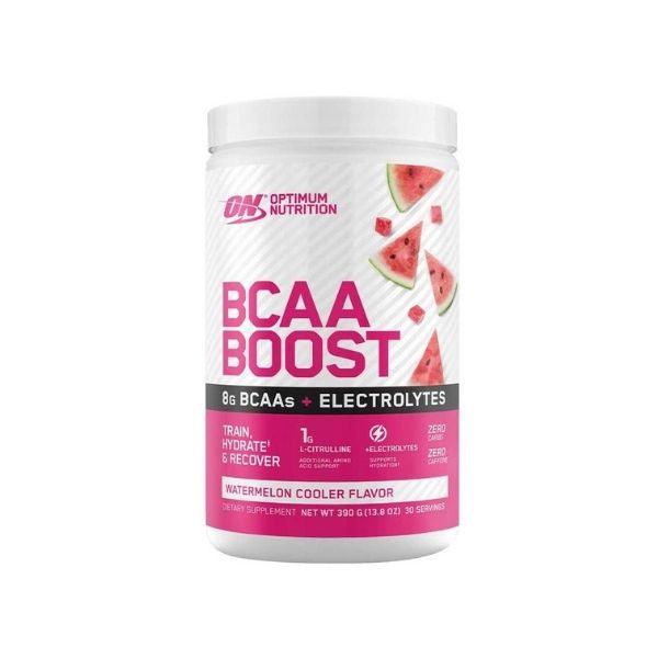 Optimum Nutrition BCAA Boost with 8g BCAAs and Electrolytes – Available in Watermelon Cooler, Mango Peach Wave, and Grape Burst