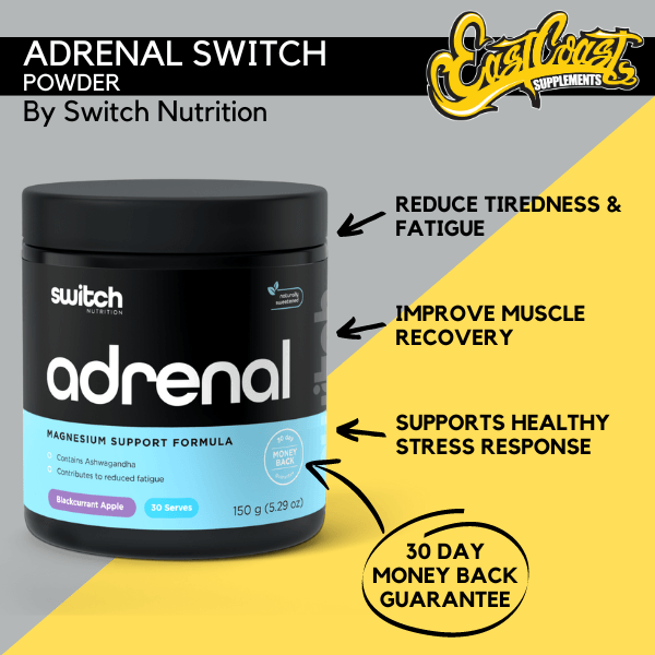 Adrenal Switch powder by Switch Nutrition in Blackcurrant Apple flavor, 150g tub, displayed with benefits including reducing tiredness & fatigue, improving muscle recovery, and supporting a healthy stress response. Available with a 30-day money-back guarantee from East Coast Supplements.