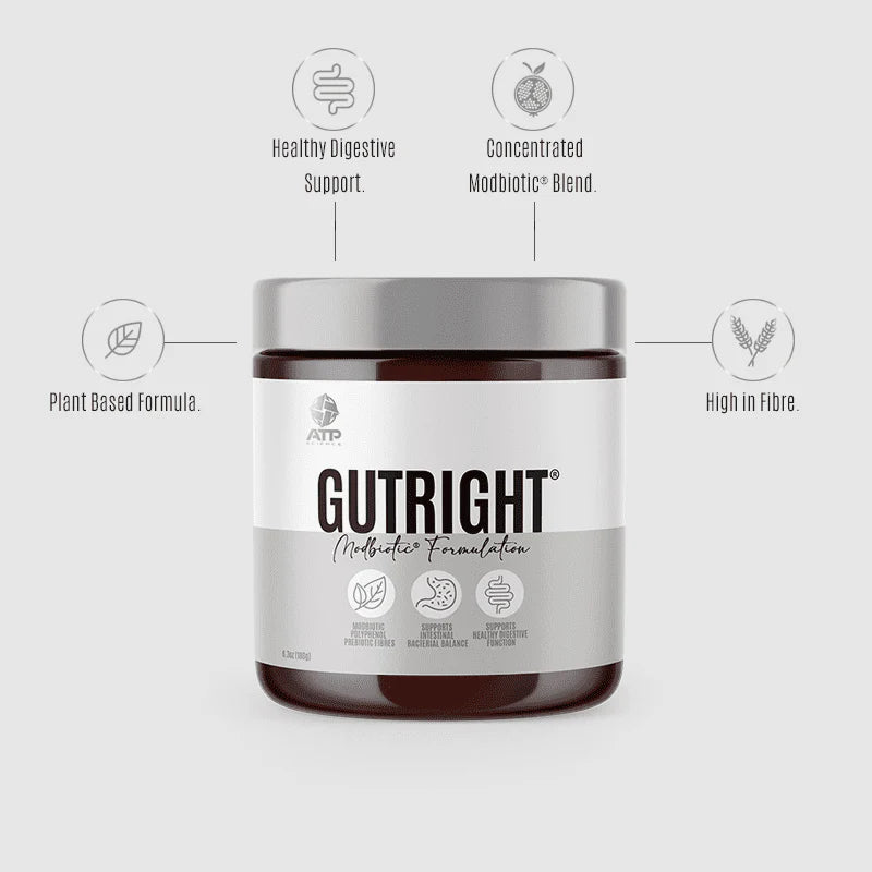 ATP Science GutRight Modbiotic Formulation promoting healthy digestive support, plant-based formula, and high fiber content, available at East Coast Supplements