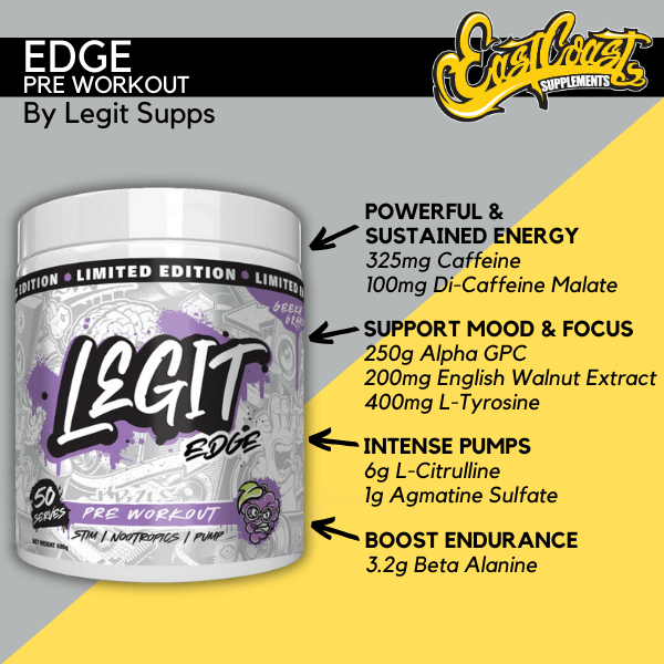 Edge Pre Workout by Legit Supps – Geeky Grape Flavor – 50 Serves

