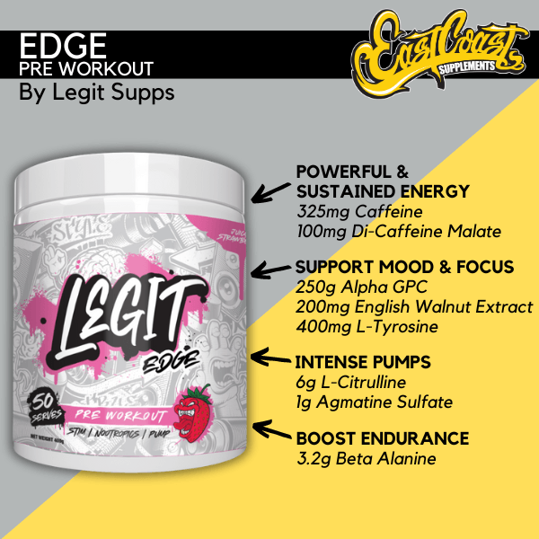 Edge Pre Workout by Legit Supps – Juicy Strawberry Flavor – 50 Serves