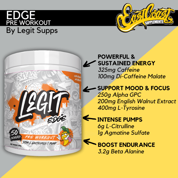 Edge Pre Workout by Legit Supps – Orange Mango Flavor – 50 Serves