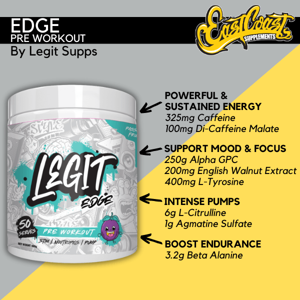 Edge Pre Workout by Legit Supps – Passion Fruit Flavor – 50 Serves