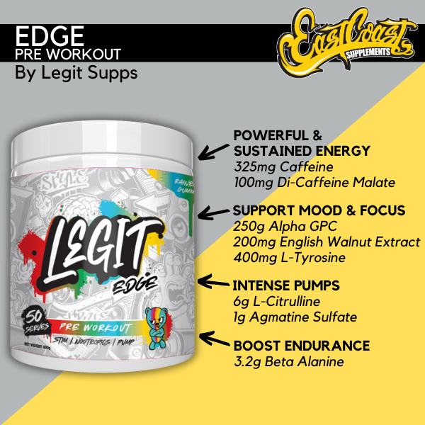 Edge Pre Workout by Legit Supps – Rainbow Gummy Flavor – 50 Serves