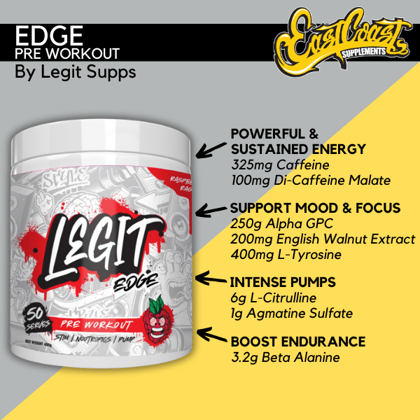 Edge Pre Workout by Legit Supps – Raspberry Rage Flavor – 50 Serves