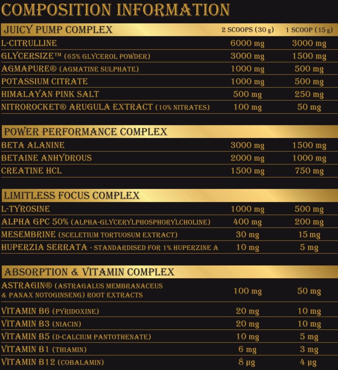 Pump Juice Ingredients Label by The X Athletics - Detailed Composition of Juicy Pump Complex, Power Performance Complex, and Vitamin Blend