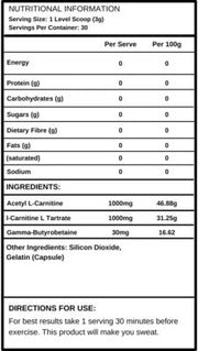 Nutritional Information for Reset Nutrition Thermogenic Activator - 30 Serves