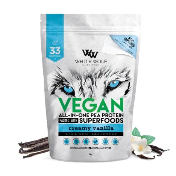 White Wolf Nutrition Vegan All-In-One Pea Protein packed with superfoods, creamy vanilla flavor, 1kg bag, featuring Himalayan salted caramel, Australian-made, with 33 serves per pack.