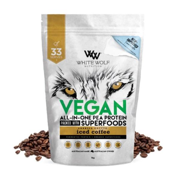 White Wolf Nutrition Vegan All-In-One Pea Protein packed with superfoods, iced coffee flavor, 1kg bag, featuring Himalayan salted caramel, Australian-made, with 33 serves per pack