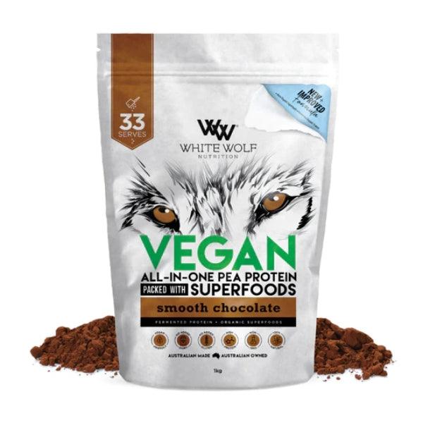 White Wolf Nutrition Vegan All-In-One Pea Protein packed with superfoods, smooth chocolate flavor, 1kg bag, featuring Himalayan salted caramel, Australian-made, with 33 serves per pack