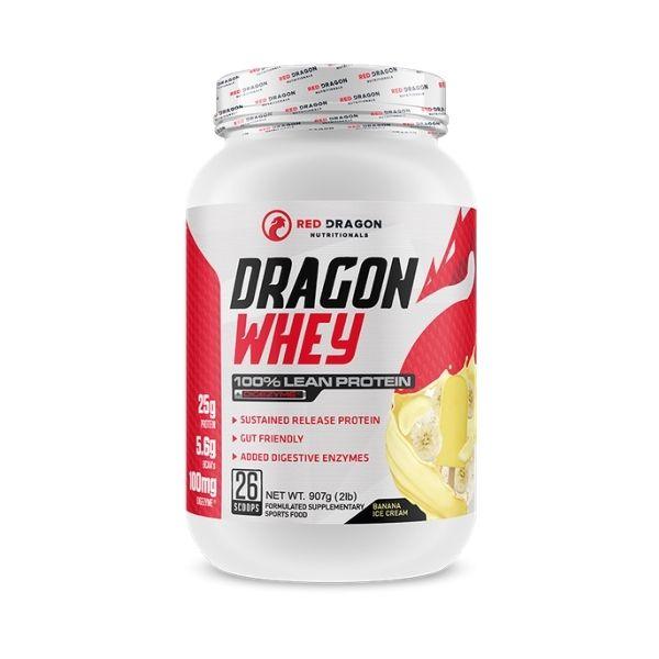 Dragon Whey 100% Lean Protein - Banana Ice Cream flavor by Red Dragon Nutritionals, high-quality protein powder with digestive enzymes for muscle support.