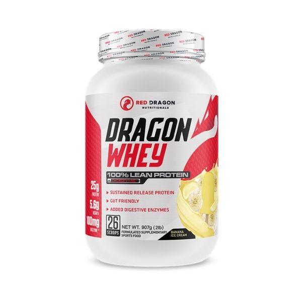 Dragon Whey 100% Lean Protein - Banana Ice Cream flavor by Red Dragon Nutritionals, high-quality protein powder with digestive enzymes for muscle support