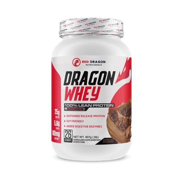 Dragon Whey 100% Lean Protein - Chocolate Milkshake flavor by Red Dragon Nutritionals, protein powder with 25g of protein and digestive enzymes for gut support.