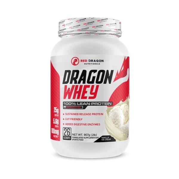 Dragon Whey 100% Lean Protein - Vanilla Ice Cream flavor by Red Dragon Nutritionals, 25g protein powder with digestive enzymes and gut-friendly ingredients