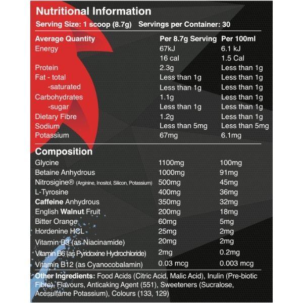 Ingredients and nutritional information for Dragon's Breath Black Pre-Workout by Red Dragon Nutritionals - includes caffeine, Betaine Anhydrous, English Walnut Fruit, and amino acids