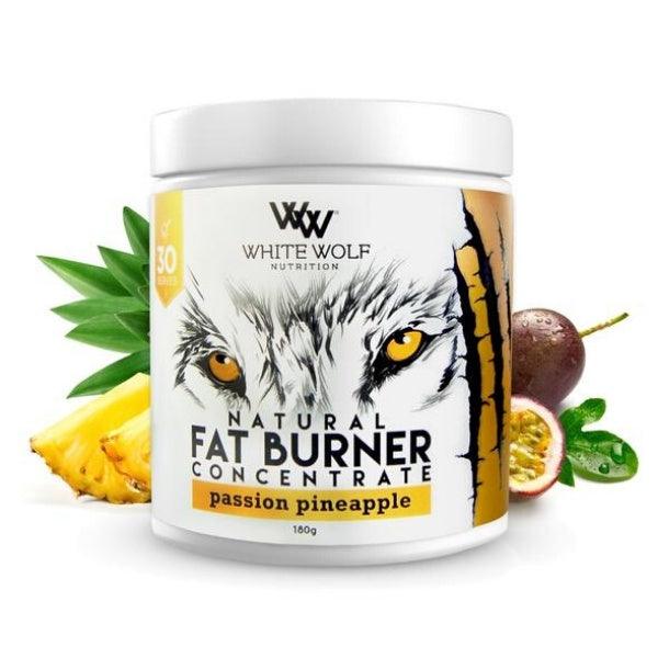 Shape Shifter Natural Fat Burner Concentrate by White Wolf Nutrition in Passion Pineapple flavor, featuring vibrant packaging and natural ingredients like pineapple and passion fruit