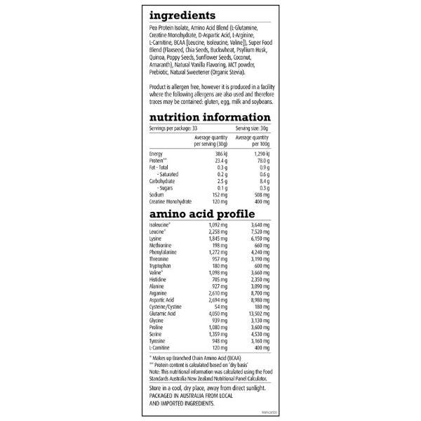 Detailed nutritional information panel for White Wolf Vegan All-In-One Pea Protein, including ingredients, nutrition facts, and amino acid profile. Highlights include 23.4g of protein per 30g serving, natural sweeteners, superfood blend, and allergen-free production.